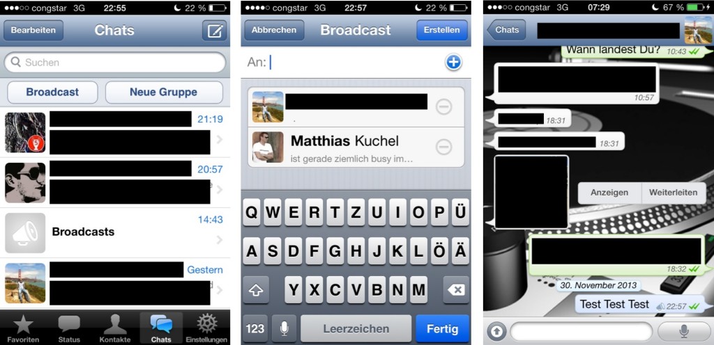 Bild links: Der BROADCAST-Button oben links über der Chat-Übersicht. Bild Mitte: Verteiler erstellen durch Hinzufügen von Kontakten über den PLUS-Button. Bild rechts: Broadcast-Nachricht in blau inkl. Megaphon-Icon.